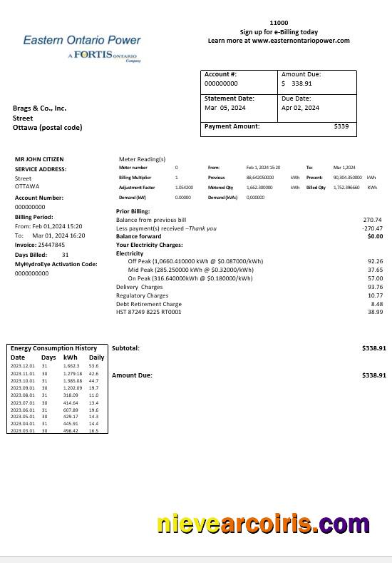 Canada Eastern Ontario Power business utility bill